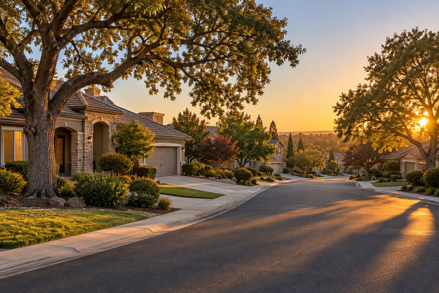 A Roseville, California neighborhood street at golden hour, illustrative
