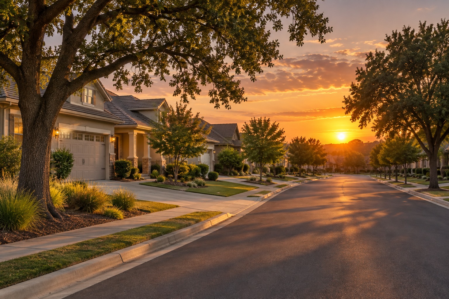 A Sacramento-area street at sunset, illustrative