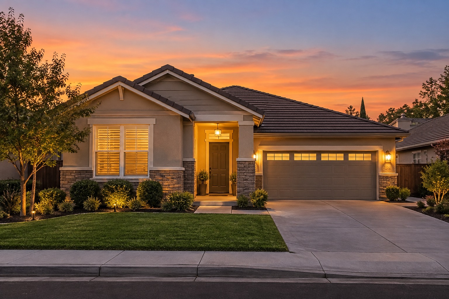 A Sacramento-area home exterior at dusk, illustrative